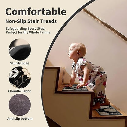 Non-Slip Carpet Stair Treads 7PCS, 8"x30" Peel and Stick Stair Runner for Wooden Steps Indoor, Washable Reusable Adhesive Backing, Pet-Friendly Safety Mats for Kids, Elders, Dogs