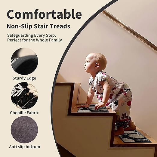 Non-Slip Carpet Stair Treads 15PCS, 8"x30" Peel and Stick Stair Runner for Wooden Steps Indoor, Washable Reusable Adhesive Backing, Pet-Friendly Safety Mats for Kids, Elders, Dogs