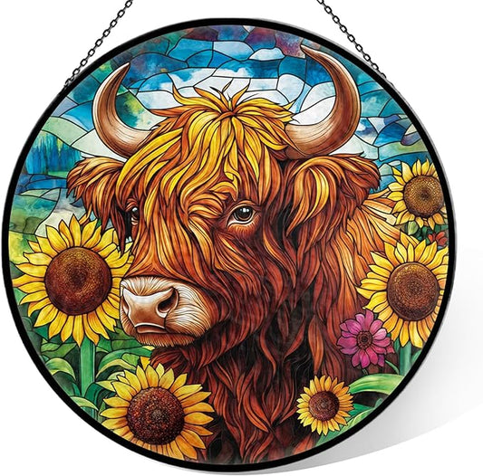 Highland Cow Stained Glass Window Hanging, 7.9" Cows Sun Catcher Glass Panel with Chain,Cows Gifts Hand Painted Round Wall Art Gifts for Women, Highland Cow Decor Stained Glass Housewarming Gift