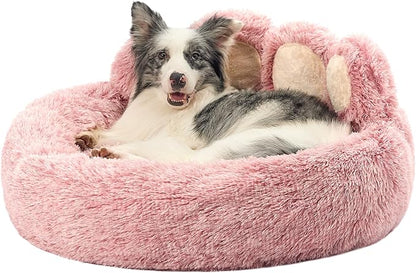 Jiupety Paw Shape Calming Pet Bed, Medium Plush Faux Fur Donut Bed for Dogs & Cats, Machine Washable, Non-Slip Bottom, Extra Large Size (32"×32"×10"), Pink