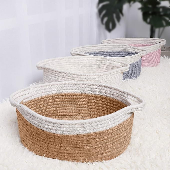 ABenkle Small Basket with Handles, Boho Decorative Rope Woven Dog Cat Toy Storage Bin Shelf Storage Organizer, Easter Christmas Gift Basket, 12"x8"x5", Grey