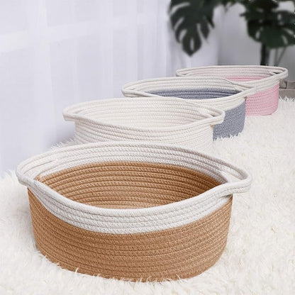 ABenkle Small Basket with Handles, Boho Decorative Rope Woven Dog Cat Toy Storage Bin Shelf Storage Organizer, Easter Christmas Gift Basket, 12"x8"x5", Grey