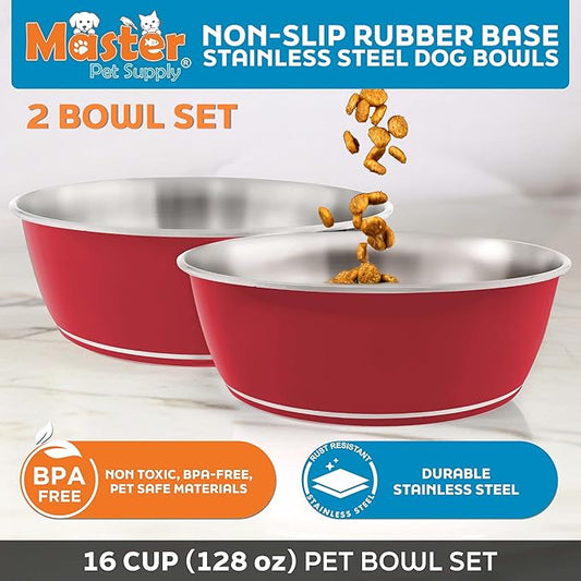 Master Pet Supply Stainless Steel Dog Bowls Set of 2 (128 Oz Each) with Non-Slip Rubber Base - Crimson Flame - Basic Dog Food Bowl Water & Food Bowls for Small Medium Large Dogs & Cats, Metal Dish