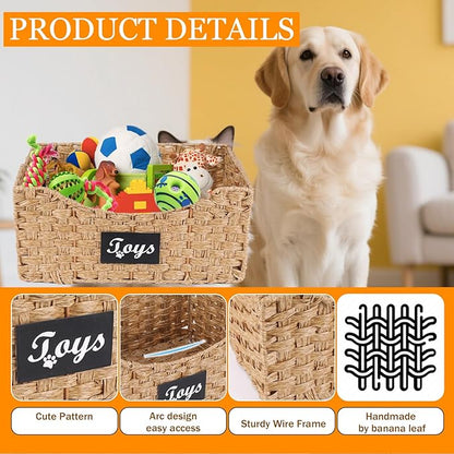 Dog Toy Storage Basket Medium,Wicker baskets for Dogs Cats,Pet Toys Bin,Collapsible Puppy Toys Box with Wire Frame,Ideal for Storing Pet Supplies, Easy-Access(Brown)