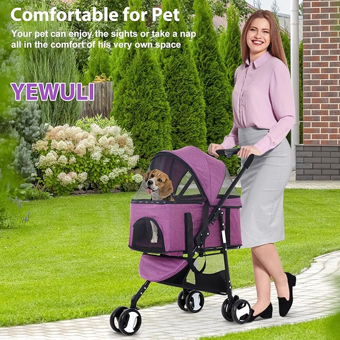 Cat& Dog Stroller Pet Strollers 3 Wheel Doggy Stroller for Small Medium Dogs 3-in-1 Detachable Travel Carrier Pet Gear Stroller Wagons for Dogs Trolley for Cat Doggie Rabbit Puppy, Purple