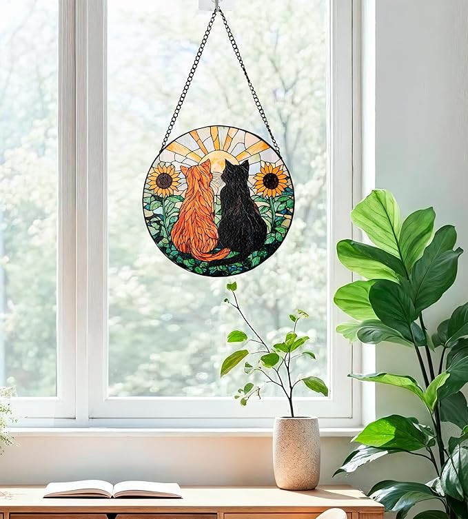 Cat Decorative Stained Glass Window Hanging Suncatcher Decoration - 7.87 Inch, Yellow Fur Black Cat Sunflower Decoration, Yard Decorations for Women, Friends and Family