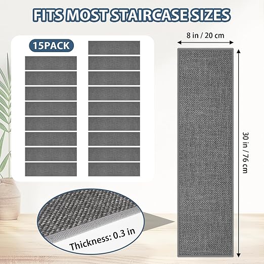 Peel and Stick Carpet Stair Treads for Wooden Steps Set of 15, Non Slip Adhesive Jute Stair Mats Indoor, Rubber Backing Safety Step Pads Mats, Grey, 8"x30"