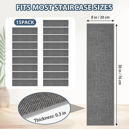 Peel and Stick Carpet Stair Treads for Wooden Steps Set of 15, Non Slip Adhesive Jute Stair Mats Indoor, Rubber Backing Safety Step Pads Mats, Grey, 8"x30"