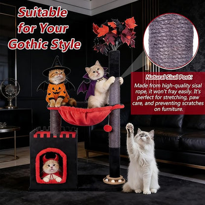 Cat Tree 38" Tower with Large Hammock, Scratching Post for Indoor Cats with Condo, Cat Furniture Track Balls and Bouncy Ball, Red Black