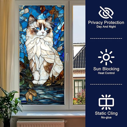 Privacy Window Film Cat Design Decorative Window Cling Stained Glass Style Static Cling Glass Sticker for Kitchen Bathroom Entry Door Panel 17.7 x 39.3 Inch