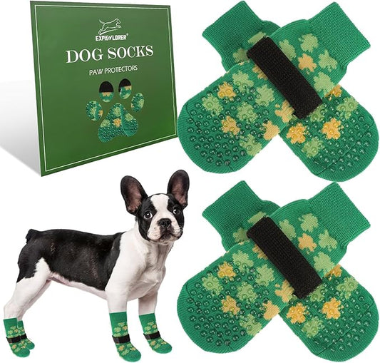 EXPAWLORER Anti Slip Dog Socks to Prevent Licking Paws, Dog Shoes Booties for Small Medium Large Senior Dogs, Traction Control Boots & Paw Protectors for Hardwood Floors St. Patrick's Day Green M