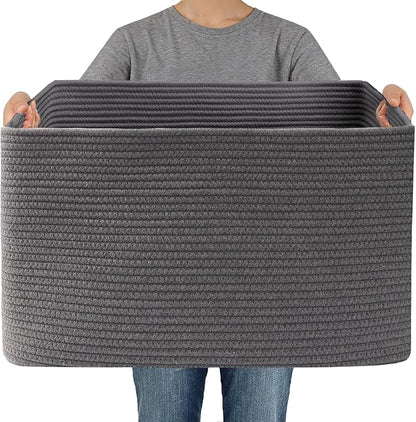 Woven Blanket Basket,96L Large Storage Bin for Blankets Toys Clothes,Decorative Rope Basket for Living Room Bedroom with Handles, Grey