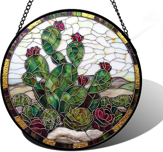 Stained Glass Window Hanging,Green Cactus Purple Flowers Suncatcher Diamond Glass Panel Sun Catchers Decor for Birthday for Women, Men, Wife, Aunt, and Mom 11.8x11.8 in