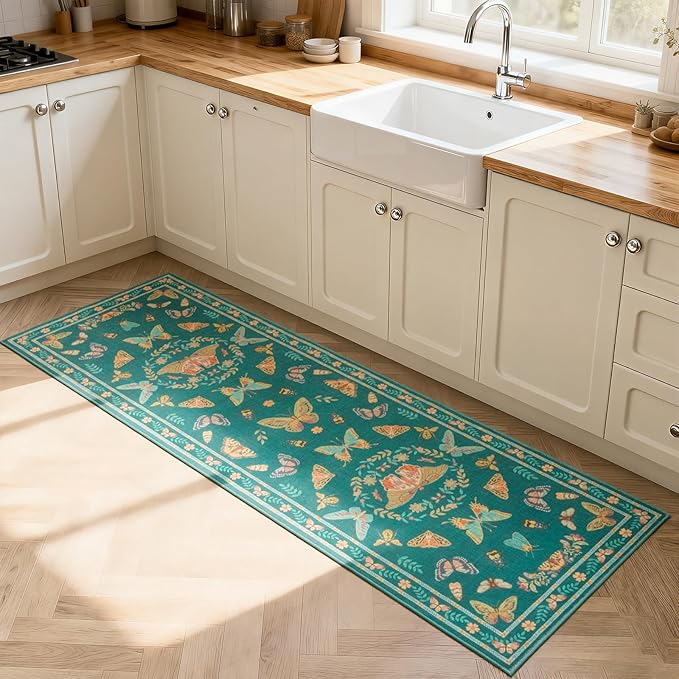 Unirea 2x6 Dark Blue Runner Rug, Washable Non Slip Insect Botanical Rug for Hallway, Kitchen, Bathroom, Laundry Room, Entryway, Bedroom, Soft Boho Door Mat Indoor Entrance Bug Rugs, Low Pile Carpet