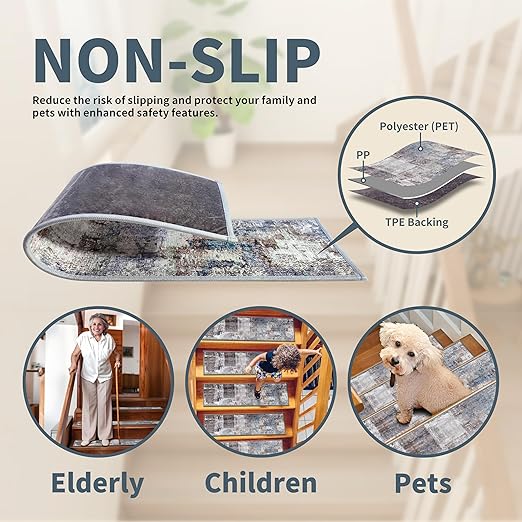 Non-Slip Carpet Stair Treads 4PCS, 8"x30" Peel and Stick Stair Runner for Wooden Steps Indoor, Washable Reusable Adhesive Backing, Pet-Friendly Safety Mats for Kids, Elders, Dogs