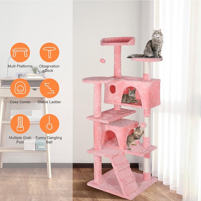 53 inches Heavy Duty Multi-Level Cat Tree Tower with Condo Furniture & Scratching Posts for Kittens Play Rest (Pink)
