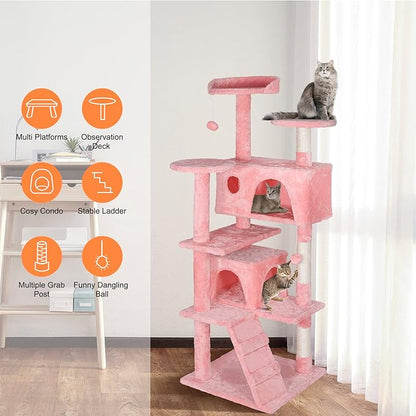 53 inches Heavy Duty Multi-Level Cat Tree Tower with Condo Furniture & Scratching Posts for Kittens Play Rest (Pink)