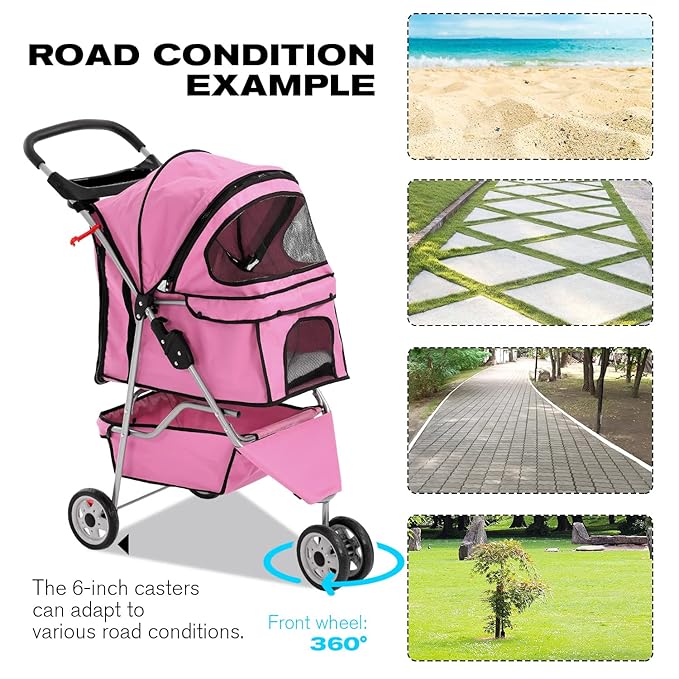 HCY Folding Dog Stroller, 3 Wheels Pet Strollers Pet Gear for Small Medium Cats Dogs Puppy with Storage Basket, Cup Holder,Lightweight-Pink, 35.04inchx 17.32inchx 38.58inch