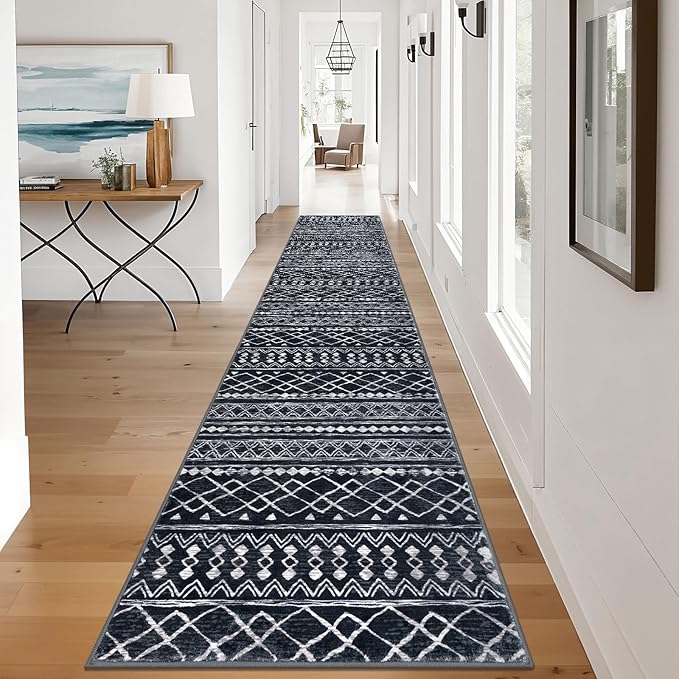 KUTA Hallway Runner Rug 2.6x12 Non-Slip Washable, Moroccan Vintage Black Boho Long Kitchen Rug Ultra Soft Distressed Geometric Floor Carpet Runners for Bedroom Laundry Stairway Entryway