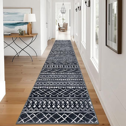KUTA Hallway Runner Rug 2.6x12 Non-Slip Washable, Moroccan Vintage Black Boho Long Kitchen Rug Ultra Soft Distressed Geometric Floor Carpet Runners for Bedroom Laundry Stairway Entryway