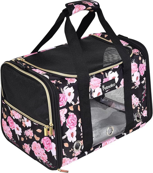 Petmolico Cat Carrier Soft-Sided Pet Bag for Small Medium Cats Puppies 16LBs - Airline Approved Cat Travel Carrier 3 Open Doors (Large,Pink Peony)