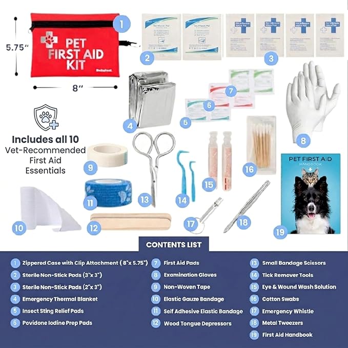 Dog First Aid Kit for Hiking & Travel - Vet Approved Emergency Supplies - Pet First Aid Kit Guide, Tick Remover, Thermal Blanket & More - Compact Dog Hiking Gear for Camping & Backpacking
