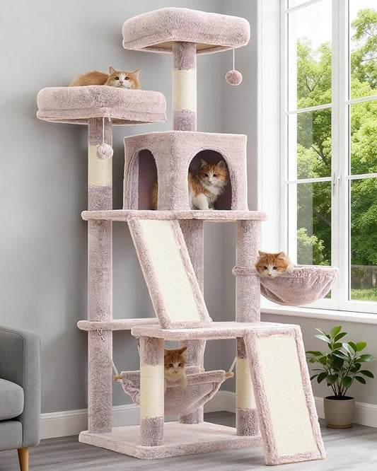 Gitelsnour Multi-Level Cat Tree for Indoor Cats, Cat Tower with 2 Scratching Boards, 2 Plush Padding Platforms, Cat Condo House with Hammock, Basket, Muchroom GCT022MU