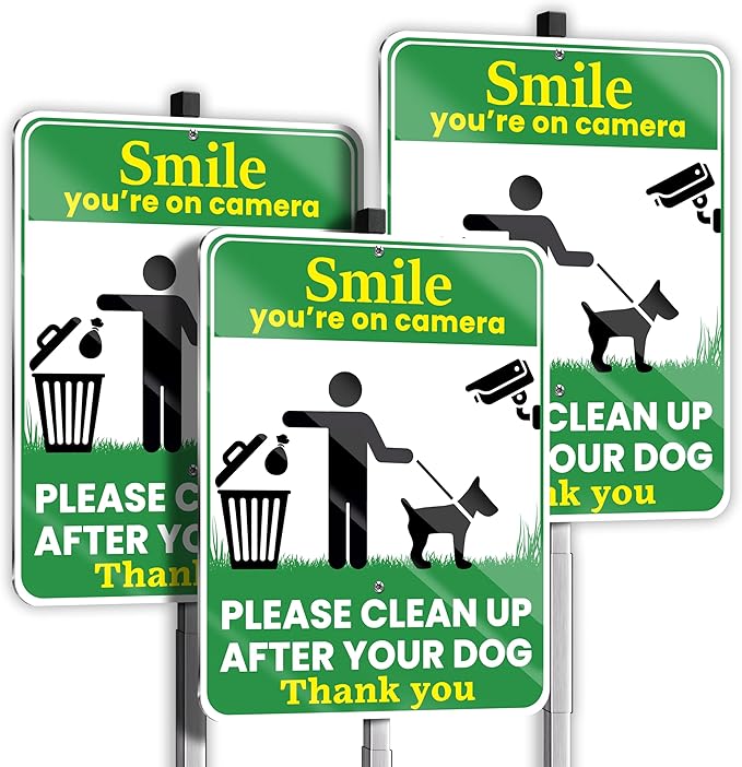 Clean Up After Your Dog Signs, Smile Youre on Camera Signs, 10 x 13 Inch Reflective Aluminum Outdoor Yard Signs with 28 Inch Metal Stake, 3 Pack