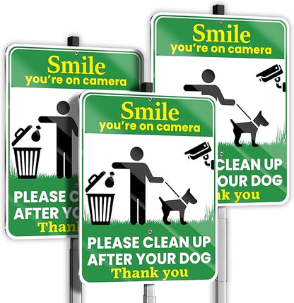 Clean Up After Your Dog Signs, Smile Youre on Camera Signs, 10 x 13 Inch Reflective Aluminum Outdoor Yard Signs with 28 Inch Metal Stake, 3 Pack