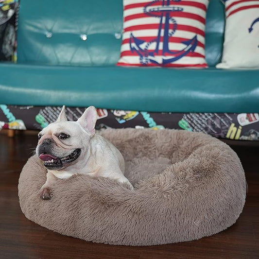 Calming Donut Dogs Beds for Small Dogs Washable,23inch Plush Round Pet Bed for Cozy Sleep,Fluffy Faux Fur Large Cat Bed,Fits up to 25 lbs Pets,Camel