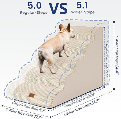 GoGoBunny Ramp Dog Stairs for High Beds 24.4" H, 5-Step Extra Wide Dog Slope Stairs with Durable Waterproof Fabric Cover, Pet Steps for Old Large Dogs Climbing, Non-Slip Sturdy Indoor Step, Beige