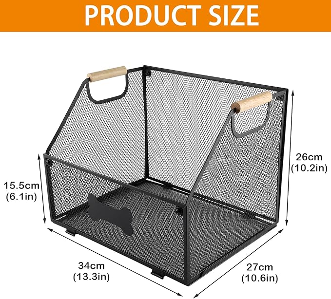 Metal Dog Toy Basket Collapsible,Mesh Wire Pet Toy Basket,Trapezoidal Cat Toy Bin with Wooden Handles,Dog Storage Organizer,Ideal for Pet Accessories-Easy Access