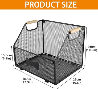 Metal Dog Toy Basket Collapsible,Mesh Wire Pet Toy Basket,Trapezoidal Cat Toy Bin with Wooden Handles,Dog Storage Organizer,Ideal for Pet Accessories-Easy Access