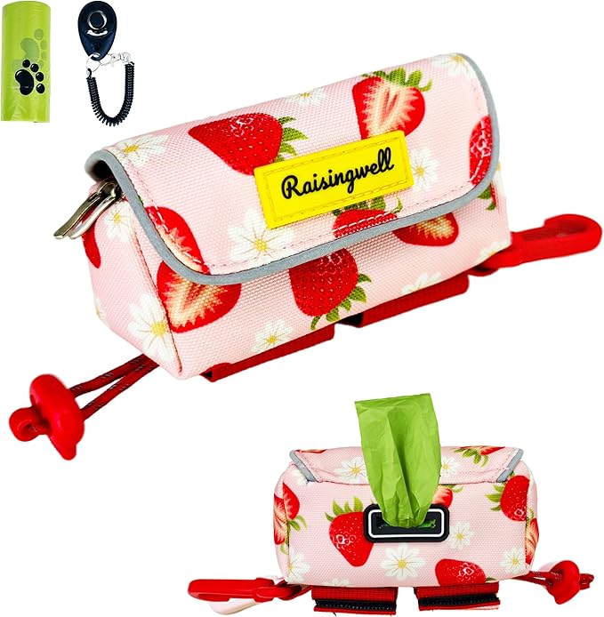 Dog Treat and Poop Bag Holder for Leash, 2 Waterproof Zipper Pouches for Pet Walking Accessories, with Dispenser, Training Clicker and 1 Free Roll (Strawberry)