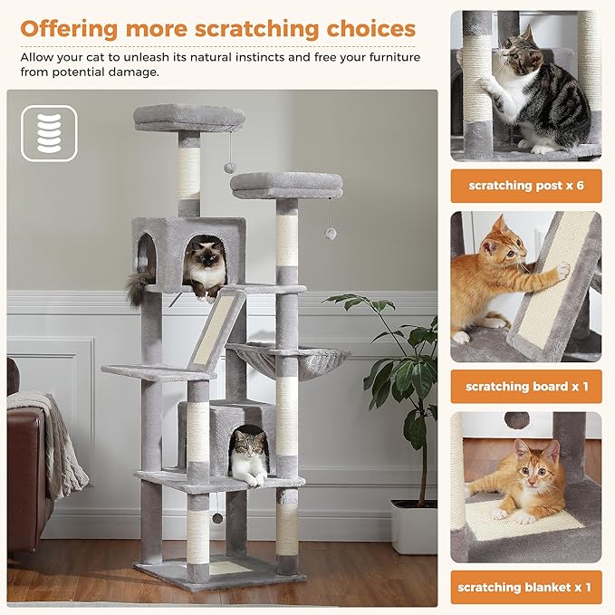 PAWZ Road Large Cat Tower, 70 Inches Tall Cat Tree with 2 Cozy Condos, 2 Plush Perch, Large Basket, 2 Scraching Pad & 6 Scraching Posts for Indoor Cats Adult, Gray
