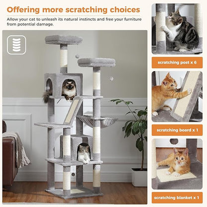 PAWZ Road Large Cat Tower, 70 Inches Tall Cat Tree with 2 Cozy Condos, 2 Plush Perch, Large Basket, 2 Scraching Pad & 6 Scraching Posts for Indoor Cats Adult, Gray