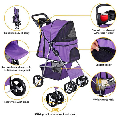 4 Wheels Foldable Pet Dog Cat Jogger Stroller Travel Carrier Strolling Cart w/Waterproof Cover Storage Basket Cup Holder & Removable Liner for Medium Small Cat Dog, Purple