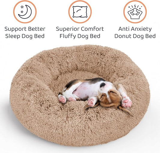 Donut Dog Bed - Premium Comfort for Anxiety Relief - Fluffy & Calming Design with Ultra-Plush Support | Cozy Round Dog Bed with Super Soft Circle Style (Camel, Medium)