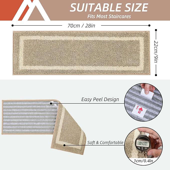 COSY HOMEER Soft Stair Treads 15pcs Non-Slip Carpet Mat 28inX9in Indoor Stair Runners for Wooden Steps,Stair Rugs for Kids and Dogs, 100% Polyester TPE Backing Beige,Square