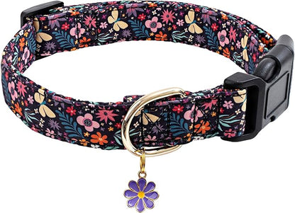 Faygarsle Cotton Designer Dogs Collar Cute Flower Dog Collars for Girl Female Small Medium Large Dogs with Purple Flower Charms L