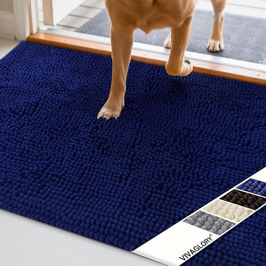 VIVAGLORY Dog Door Mat Absorpmax Dog Rug for Muddy Paw, Mat for Muddy Paw Door Indoor Floor Entryway, Waterproof Washable & Water Absorbent Dirt Trapper, 31" × 20", Navy Blue
