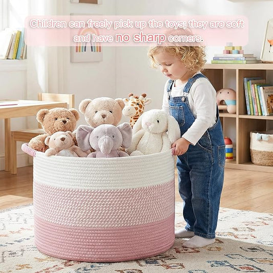 70L Large Cotton Rope Basket, Decorative Woven Blanket Storage for Living Room, Boho Toy Storage & Toy Box for Kids, Versatile Laundry Basket & Nursery Hamper for Blankets(Pink)