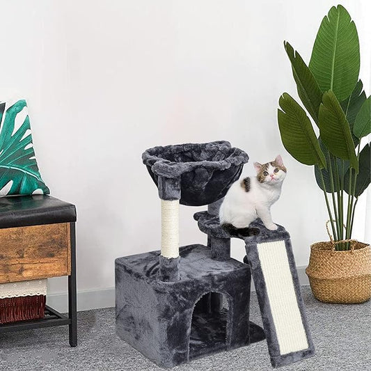 SYANDLVY 23.62" Cat Tree for Indoor Large Cats, Cat Tower with Scratching Posts & Board, Modern Cat Bed Furniture with Condo & Basket (Smoky Grey)