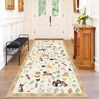 4x8 Washable Kitchen Animal Rug: Cute Dog Printed Rugs with Non-Slip Rubber Backing Soft Floral Carpet for Bedroom Nursery Low-Pile Floor Mat for Entryway Living Room Dining Room(4x8,Beige/Dog