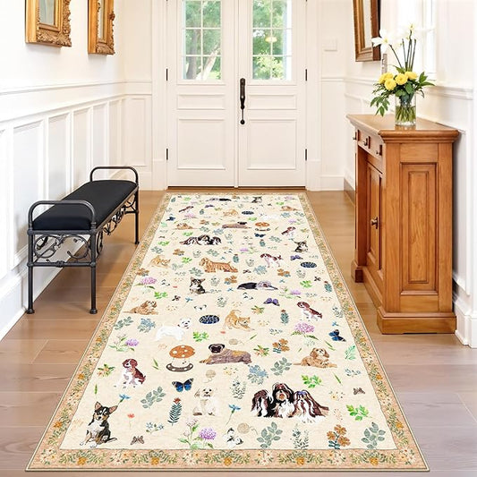 4x8 Washable Kitchen Animal Rug: Cute Dog Printed Rugs with Non-Slip Rubber Backing Soft Floral Carpet for Bedroom Nursery Low-Pile Floor Mat for Entryway Living Room Dining Room(4x8,Beige/Dog