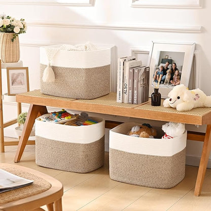 3 Pack Cube Storage Bin, 17”x12”x12” Cotton Rope Woven Baskets for Organizing Toys Clothes Towels, Square Gift Storage Baskets for Shelves, Nursery, Closet, Bathroom, Pantry (White & Jute)