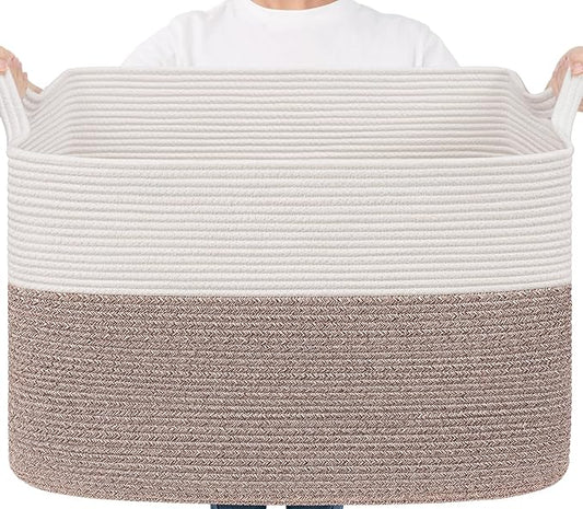 Goodpick 105L Extra Large Blanket Basket 25" x 16" x 16" Cotton Rope Storage Baskets for Organizing, Baby Laundry Basket with Handles, Rectangle Woven Baskets for Storage, Brown