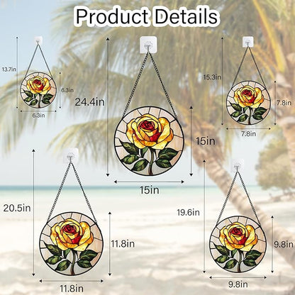 Stained Glass Window Hanging - Elegant Yellow Rose Flower Sun Catcher for Door Garden Home Decor Suncatcher Christmas Mother's Day Birthday Gifts for Women Mom Girl Nana Friend 15 in