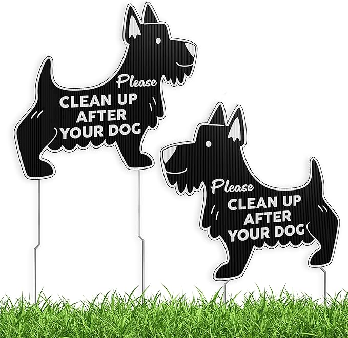 Clean Up After Your Dog Signs with Stakes, 11 x 10 Inch Black Dog Shaped Double Sided No Pooping Signs for Yards for Yard, Weather-Resistant Corrugated Plastic Lawn Sign