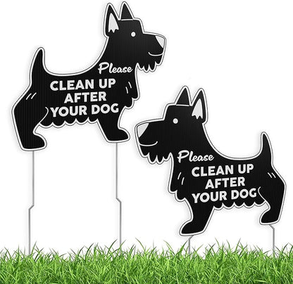 Clean Up After Your Dog Signs with Stakes, 11 x 10 Inch Black Dog Shaped Double Sided No Pooping Signs for Yards for Yard, Weather-Resistant Corrugated Plastic Lawn Sign